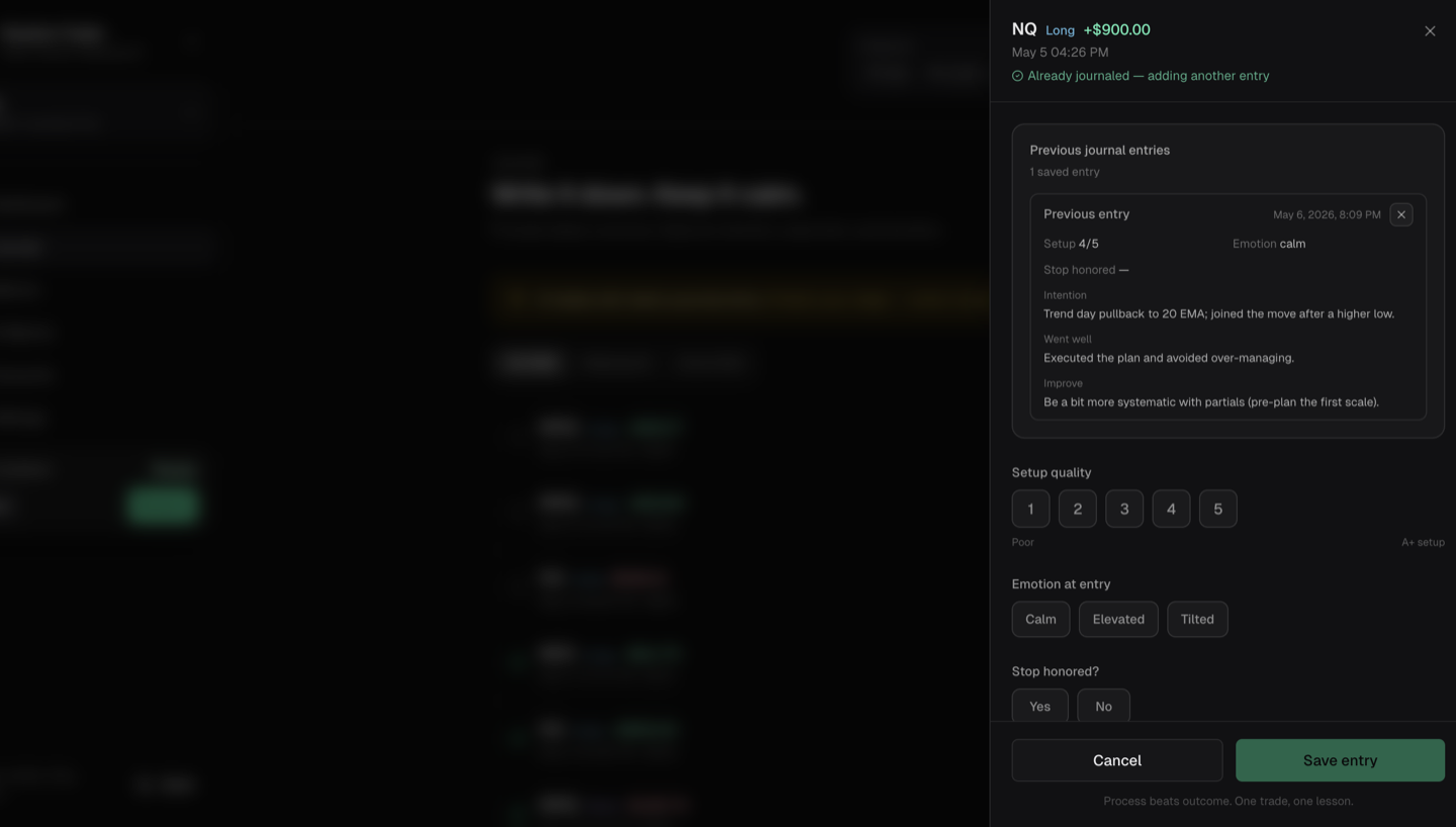 Journal entry drawer with emotion and setup fields