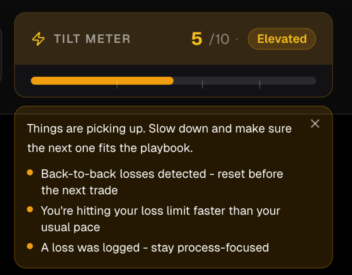 Tilt meter at elevated level, 5/10 — slow down warning